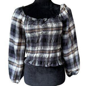 NORDSTROM RACK NWT LOVE TREE CROP STRETCHY BROWN PLAID TOP